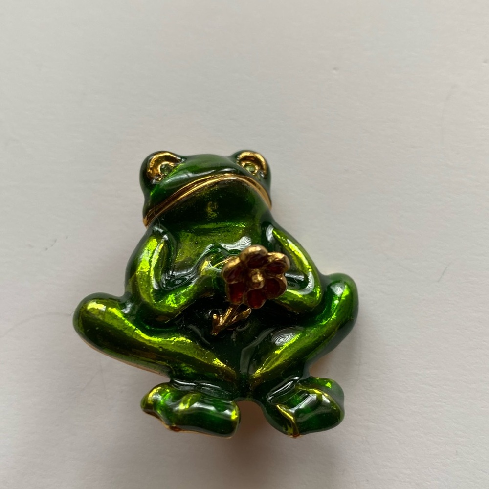Signed Lia Lianna VTG 1980s Enamel Crystal Frog En tremblan Flower Pin Brooch
